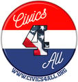 Civics 4 All logo. Red, white, and blue striped circle with the organization's name and website www.civics4all.org.